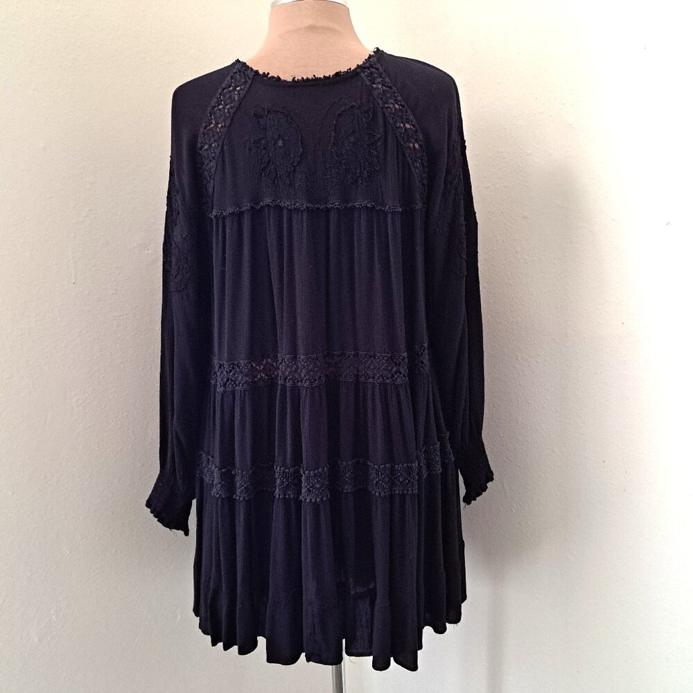 Free People Black Long Sleeve Tiered Lace Midi Dress